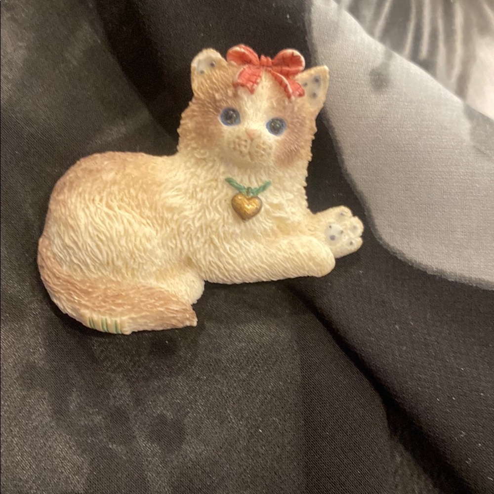 Adorable Tan Cat Figurine with Red Bow
